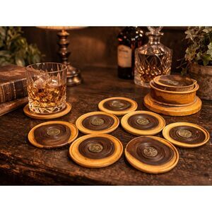Vintage Wood & Resin Coaster Set with Coin Inlay – Mid Century Handmade w/Holder